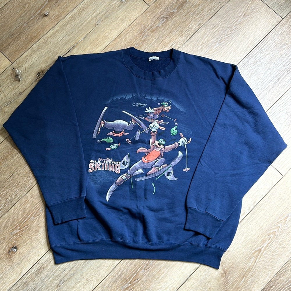 Vintage Navy Blue Disney GOOFY All-Star Skiing Sweatshirt Size 1X?